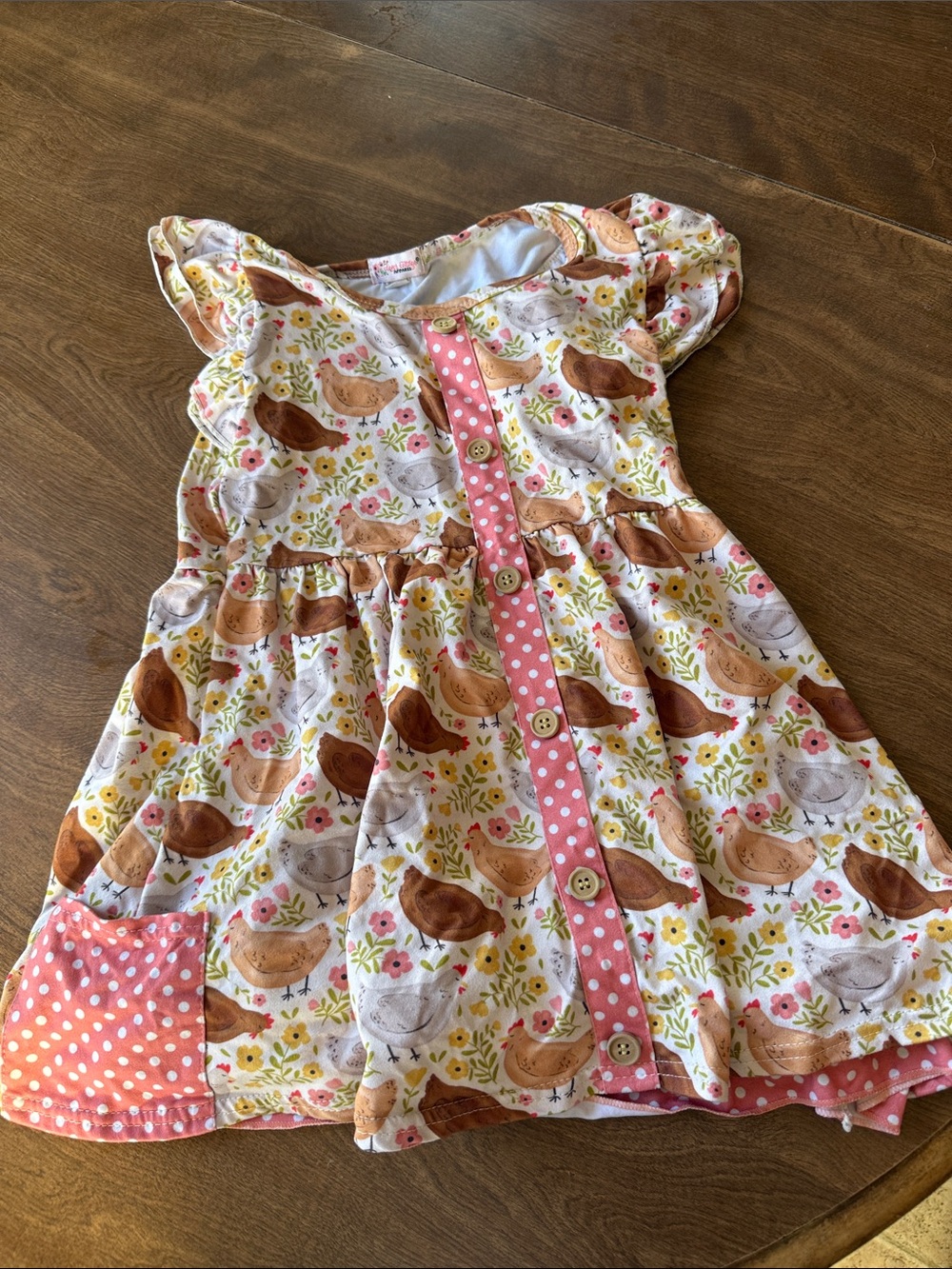 Girls' Pink Chicken-Print Casual Dress with Polka Dot Trim